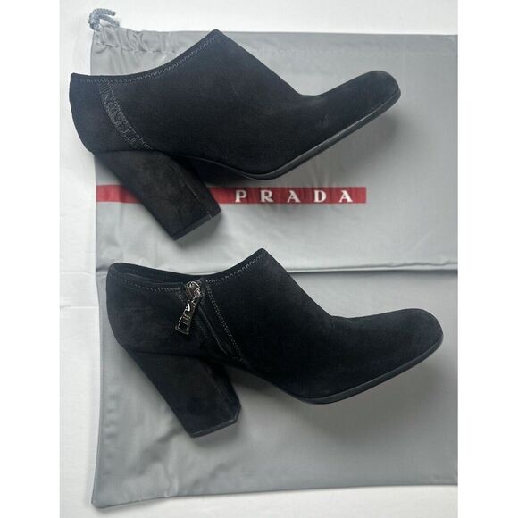 Women's Prada Suede Sz 5 Ankle Zip Booties Block Heel Black With Box & Shoe Bag - Picture 13 of 13